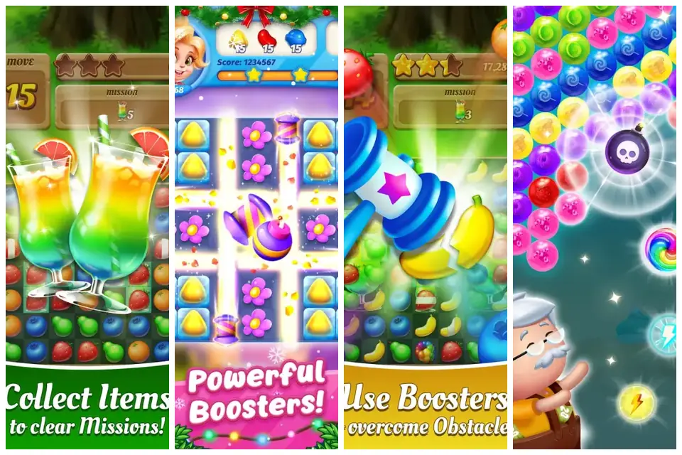 Boards from three titles we played, captured on Google Play